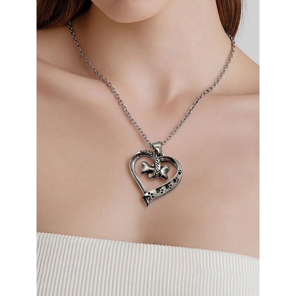 Dog Love Heart Shaped Pendant Doggie Bone Paw Print Necklace Pet Owner Gift NWT